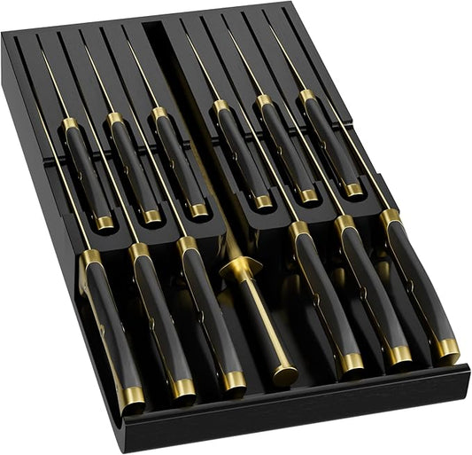 Domax Bamboo In-drawer Knife Block - Knife Drawer Organizer Insert Large Handle Steak Knife Holder, Kitchen Drawer Knife Organizer Fits for 12 knives and 1 Sharpening Steel (Not Included), Black