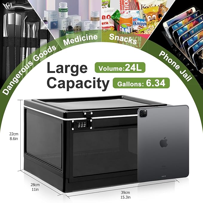 Large Medicine Lock Box, Clear Lockbox for Medication, 24L Lockable Storage Box with Dual 3-Digit Combination Locks for Snacks/Phone/Electronics, Organizer Bin for Home/Office/Fridge/School