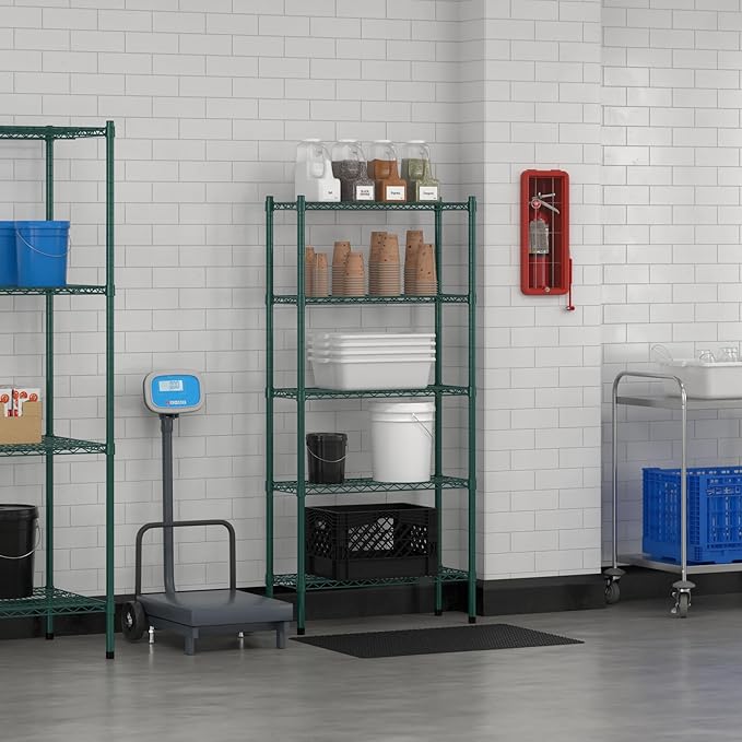 Commercial NSF Listed Green Epoxy Stationary Wire Shelving Kit 12" x 30" x 64", with 5 Shelves Perfect for Warehouse, Walk-in Refrigerator, Freezer, Grocery Store, Restaurant, Dishroom