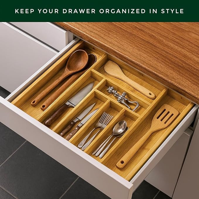 Bamboo Drawer Organizer – Expandable 8 Slot Silverware & Utensil Tray for Kitchen, Office & Bathroom – Fits 13"–19.5” Drawers, Natural Bamboo, Deep Compartments, Durable & Eco-Friendly