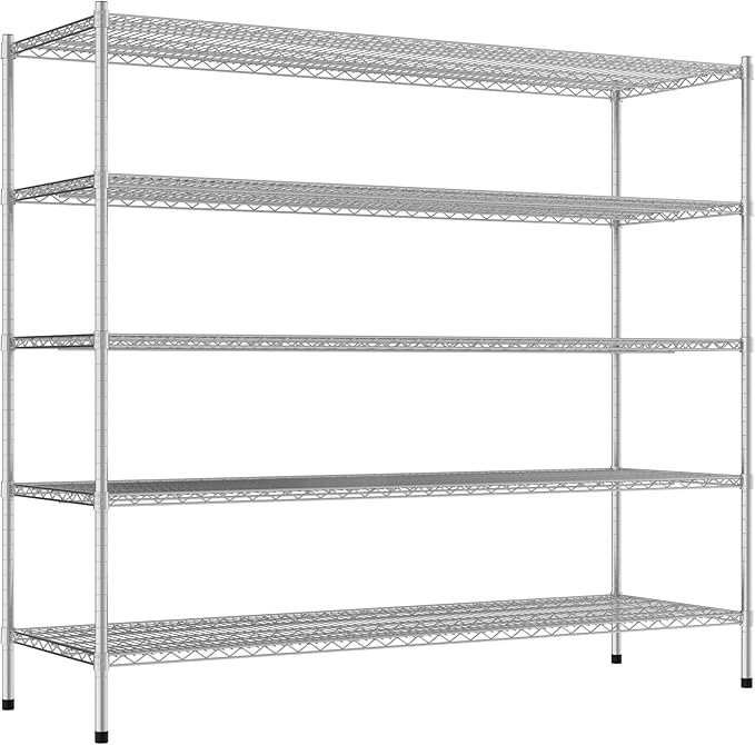 Commercial NSF Listed Chrome Stationary Wire Shelving Kit 24" x 72" x 64", with 5 Shelves Perfect for Warehouse, Walk-in Refrigerator, Freezer, Grocery Store, Restaurant, Dishroom