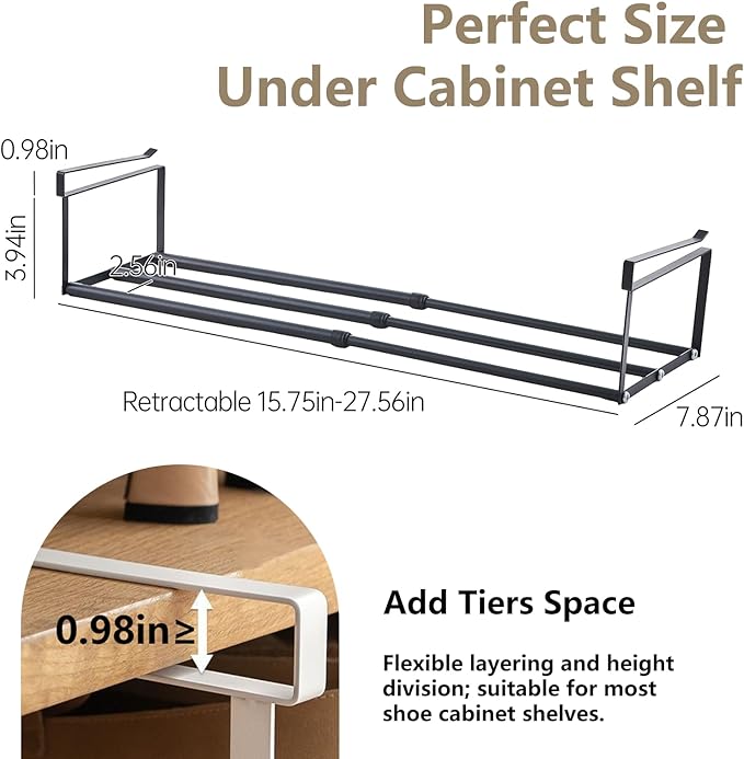 UFORU Expandable Hanging Shoe Rack Organizer for Closet, Adjustable Shoe Rack Under Cabinet Shelf, Versatile Under Shelf Storage for Kitchen, Book, Clothing Storage and Organization(Black,2PCS)