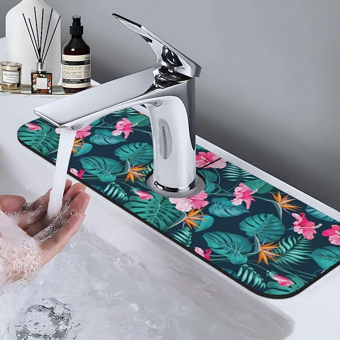 Hawaii Hawaiian Flower Leaf 15" X 5.5" Kitchen Sink Splash Guard Faucet Faucet Guard Draining Mat Sink Splash Guard Faucet Kitchen Bathroom