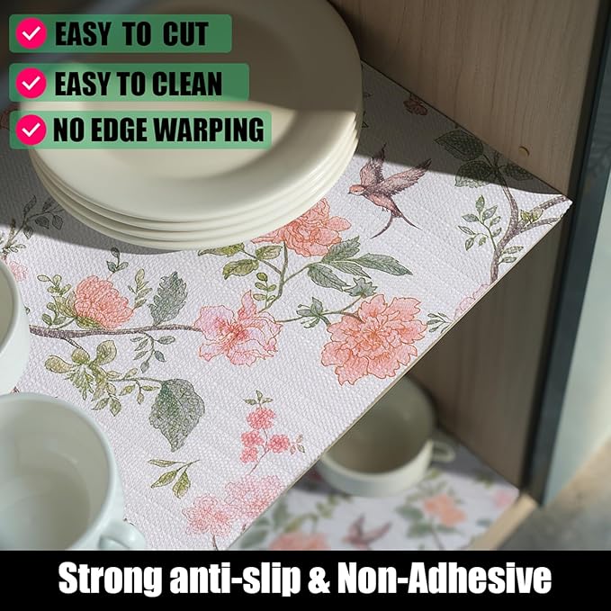 Amiitay Bird Floral Shelf Liners Non Adhesive and Strong Non-Slip Shelf and Drawer Liners for Kitchen Cabinet Wire Fridge, Waterproof Shelf Drawer Liner,Easy to Clean,12IN x 10FT