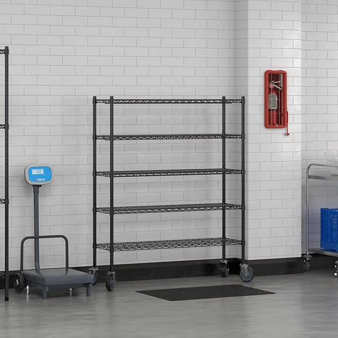 Commercial NSF Listed Black Epoxy Mobile Wire Shelving Kit 14" x 48" x 60", with 5 Shelves Perfect for Warehouse, Walk-in Refrigerator, Freezer, Grocery Store, Restaurant, Dishroom