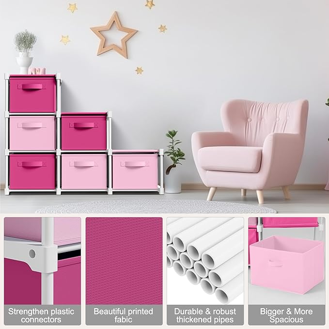 Thyle Large Cube Storage Organizer Shelf with 6 Bins 14 Inch Fabric Collapsible Cubby Storage Drawers Shelving Unit for Christmas Ornaments Clothes Toys Craft(Pink,Rose,Colorful)