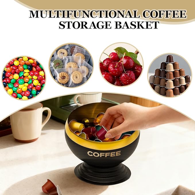 Coffee Pod Holder, Black & Gold Metal Coffee Pod Storage, Capsule Container Bowl, Coffee Pod Organizer for Kitchen Counter and Office Desktop (Black+Gold)