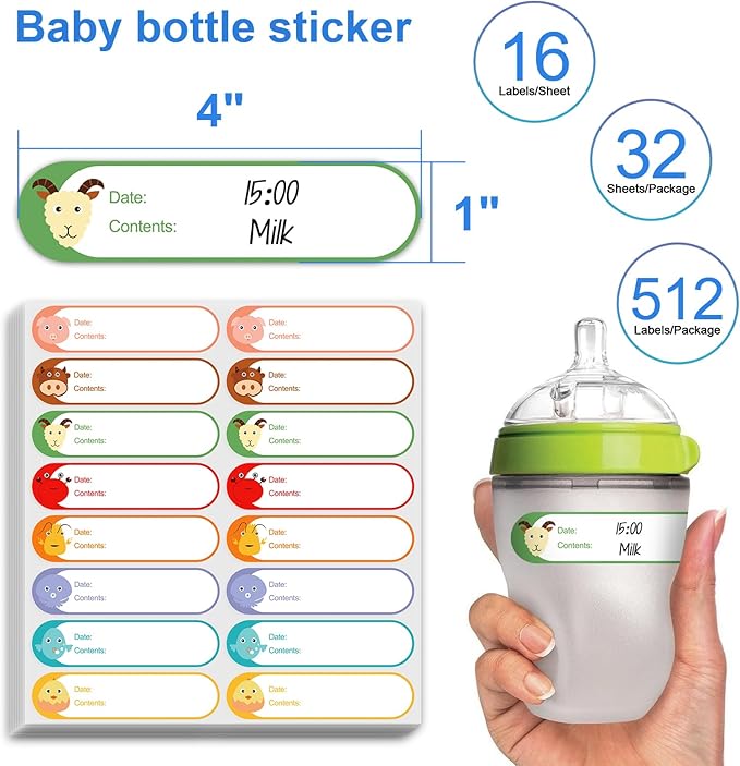 Printholic 512pcs 1" x 4" Baby Milk Bottle Labels to Write On, No Residue Food Storage Labels for Kitchen, Mason Jar Labels, Freezer Labels Removable, Food Labels Cartoon Waterproof