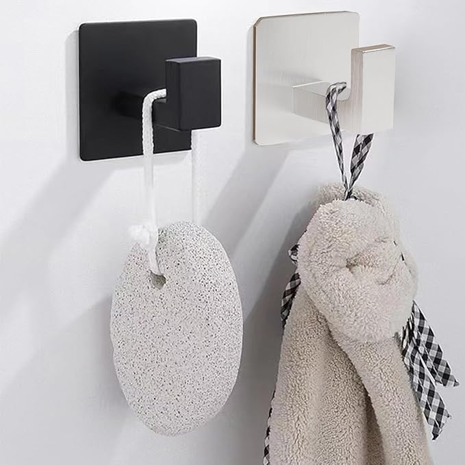 Vanloory Bath Towel Hook,6 Pack Self Adhesive Square Coat Hooks, Sturdy No Drilling Robe Hook, Heavy Duty Aluminum Clothes Hanger, Wall Hooks for Bathroom Bedroom Kitchen (2 Inch,Black)
