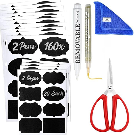 Reusable Self-Adhesive Jar Labels – 160-Piece Chalkboard Sticker Set with Gold Pen, Cleaning Towel & Scissors, Easy-Peel Vinyl Jam Jar Labels for Jars, Bottles, Pantry Containers & More