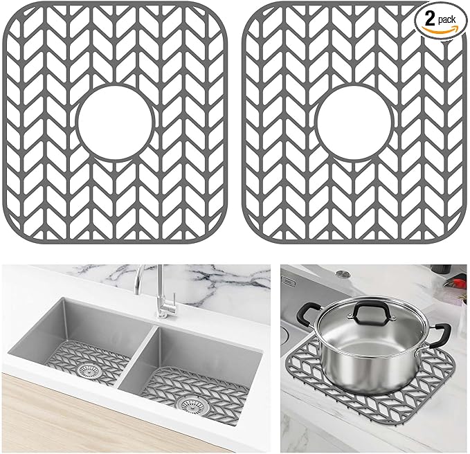 AWOKE Silicone Sink Protectors for Kitchen Sink, 12" x 11" Mat for bottom of sink, Center Drain Hole, Protect from Stains, Scratches, Dishwasher Safe Grid for Kitchen (2 Pack, Gray)
