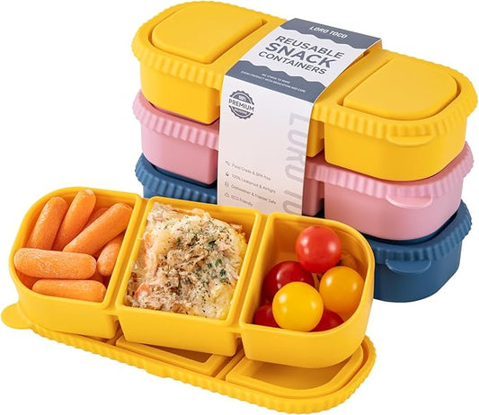 3 Pack Silicone Reusable Snack Containers with Lids - 3 Compartment Snackle Box for Kids & Adults, BPA-Free & Leakproof, Small for Dressing, Sauces, School, Office, Picnic（Blue, yellow, pink）