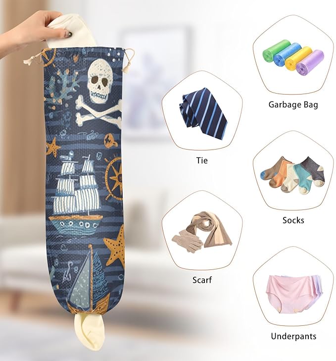 Plastic Bag Holder Wall Mount Grocery Bag Shopping Bag Storage Holder Organizer Dispenser with Adhesive Hook,for Kitchen Bathroom Home Decor 9x22 Inches Blue Pirate Skulls26