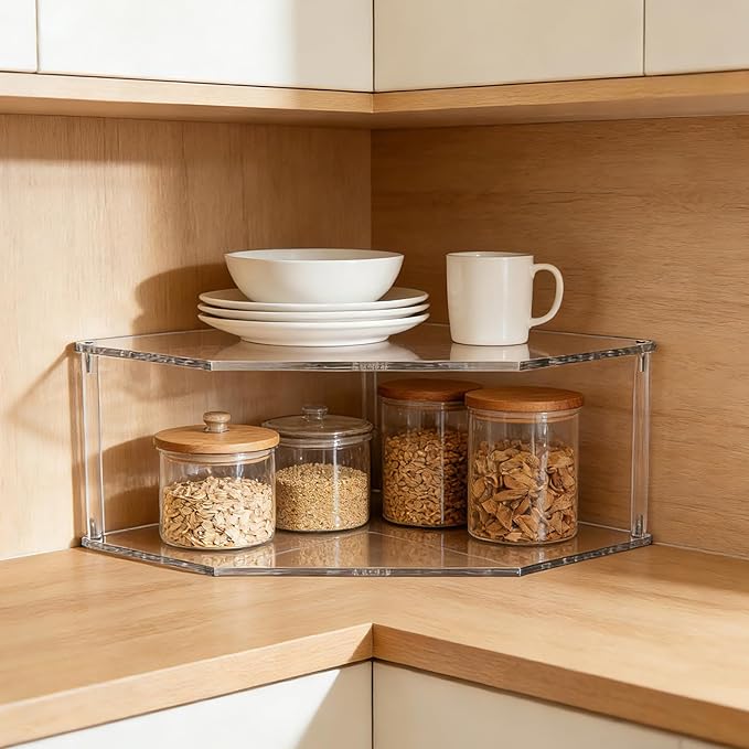 Acrylic Corner Shelf (2 Pack), 2 Tier Acrylic Plate Organizer for Cabinet & Countertop, Pantry Dish and Spice Rack for Kitchen Storage