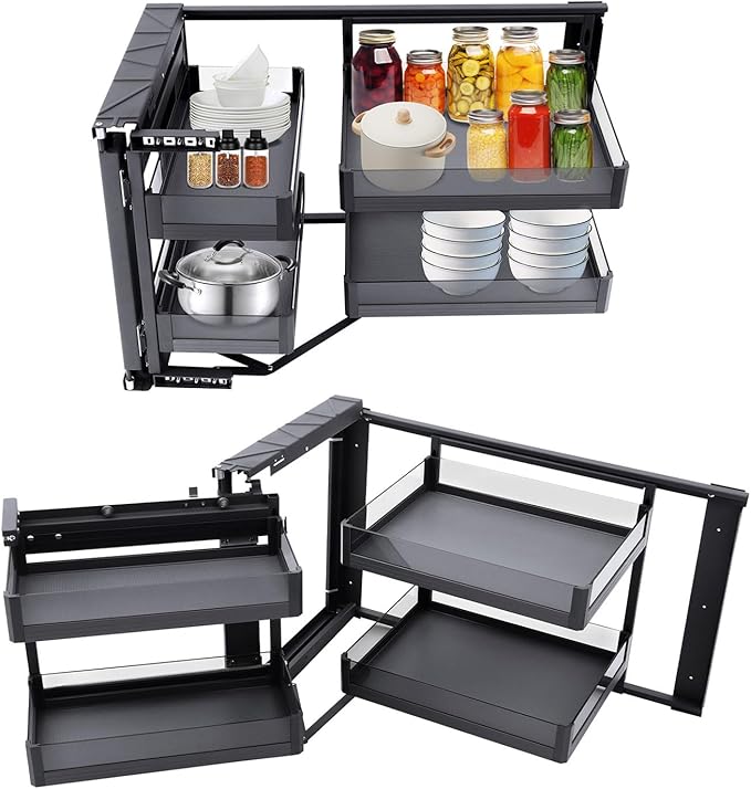 14" Corner Cabinet Organizer, Blind Corner Cabinet Pull Out with 4 Detachable Baskets, 2-Tier Soft Close Corner Cabinet Pull Out Storage, Universal Left/Right Mount Aluminum, Each Holds 33lbs