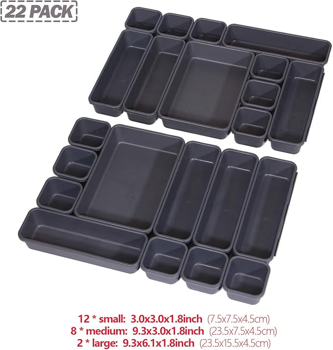 Set of 22 Interlocking Desk Drawer Organizer Tray Dividers Plastic Shallow Narrow Drawers Organizers Separators and Storage Bins Container for Kitchen Bathroom Makeup Office Vanity Bedroom Dresser
