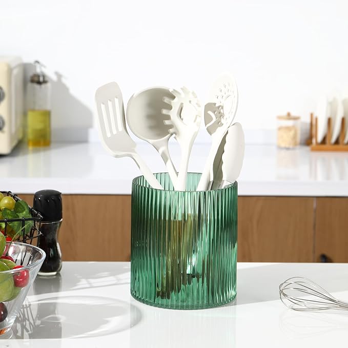 Green Utensil Holder, 6.3" Glass Kitchen Utensil Holder for Countertop, Large Cooking Utensil Holders for Kitchen Counter, Utensil Crocks for Farmhouse Decor