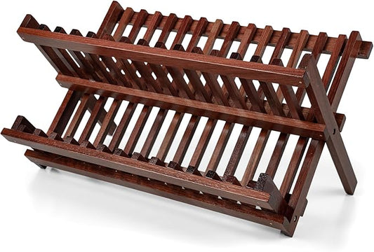 Teak Dish Drying Rack,Folding Collapsible Drainer Plate Organizer Holder for Kitchen,Foldable Spice Rack for Countertop and Cabinet,Pantry Organization and Storage
