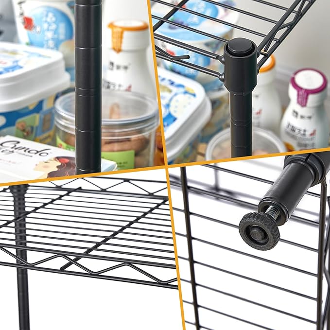 Heavy Duty Stainless Steel Kitchen Storage Rack, Adjustable Shelf Organizer with Non-Slip Mats, Black, for Cabinets, Countertops, Pantries (3-Tier Rack)