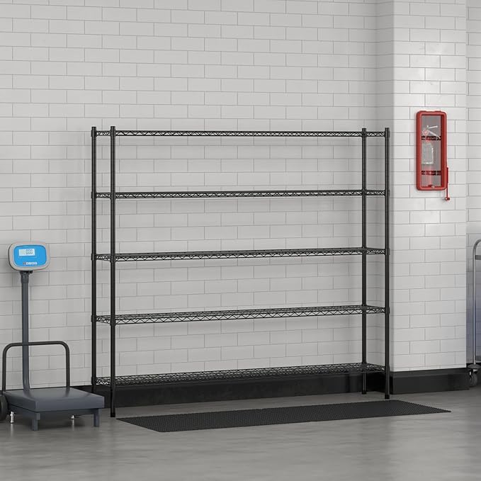 Commercial NSF Listed Black Epoxy Stationary Wire Shelving Kit 12" x 72" x 64", with 5 Shelves Perfect for Warehouse, Walk-in Refrigerator, Freezer, Grocery Store, Restaurant, Dishroom