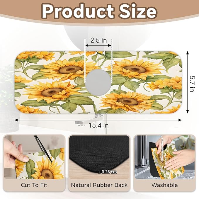 Sunflower Field Kitchen Faucet Mat Splash Guard, 15.4”x5.7” Absorbent Quick Drying Sink Mat for Countertop Protection, Draining Mat Sink Protectors For Kitchen Bathroom, 1 Pack