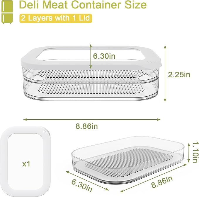 Cecnamt Stackable Deli Meat Container with Drainage Groove and Silicone Lid, Clear Refrigerator Storage Containers for Lunch Meats, Cold Cuts, Bacon, Cheese, BPA Free - 2 Layer