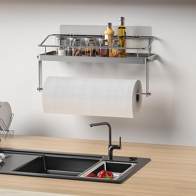 Stainless Steel 2 in 1 Paper Towel Rack Basket with Shelf - Spice Rack & Self Adhesive Paper Towel Holder