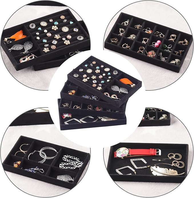 Jewelry Organizer Tray,Stackable Velvet Jewelry Trays,Set of 8 Drawer Inserts Earring Organizer For Women Girls Jewelry Storage Display Case for Rings Stud Necklaces (Black)