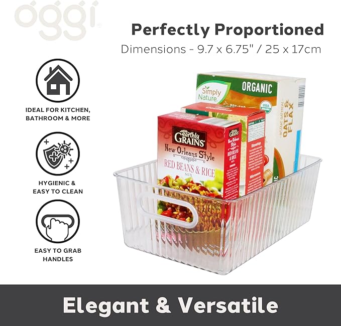 Oggi Clear Fluted Storage Bin with Handle - Durable Plastic Organizer for Fridge, Pantry, Cabinets & Countertop, Modern Farmhouse Style, Ideal for Kitchen Organization and Storage, 9.7" x 6.75"