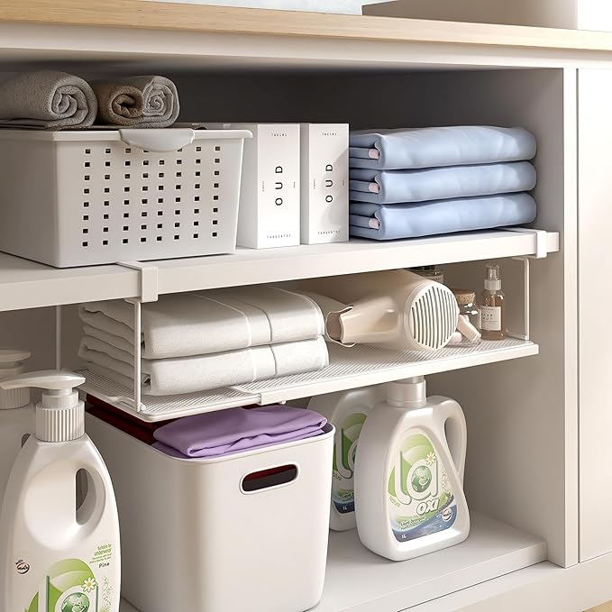Expandable Under Cabinet Shelf, Extendable Under Shelf Storage with 1.25 Inches Thick Clips for Pantry Cabinet, Laundry Room, Shoe Rack.(White, 2 Pack, Interior: 3.66" H x 8.26" D)