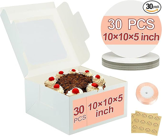 30pcs Cake Boxes and 30 Pack 10 Inch Round Cake Boards,10x10x5 Inches White Square Bakery Boxes with Window Cajas Pasteles for Cookies Pies Cupcakes Pastry