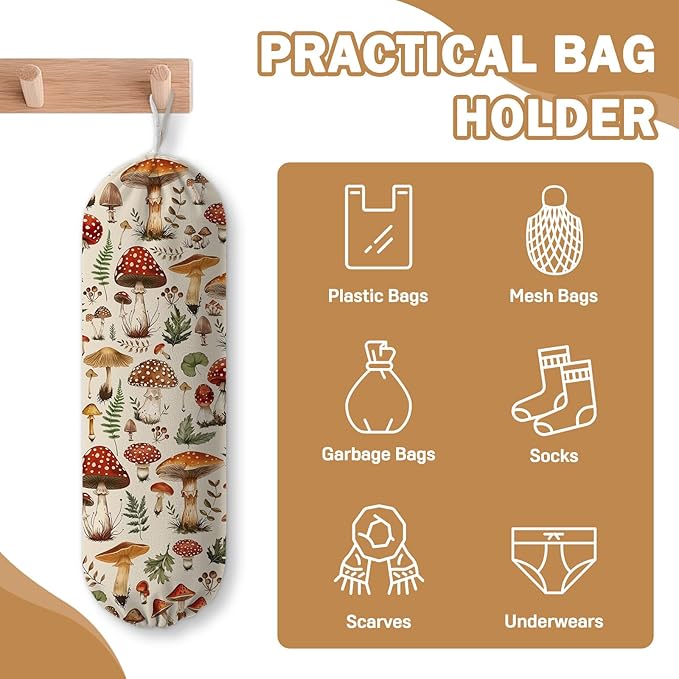 Plastic Bag Holder, Grocery Bag Organizer Storage, Kitchen Dispenser Holders Reusable Shopping with Adjustment Drawstring Closure for Kitchen Farmhouse Decor, Mushroom