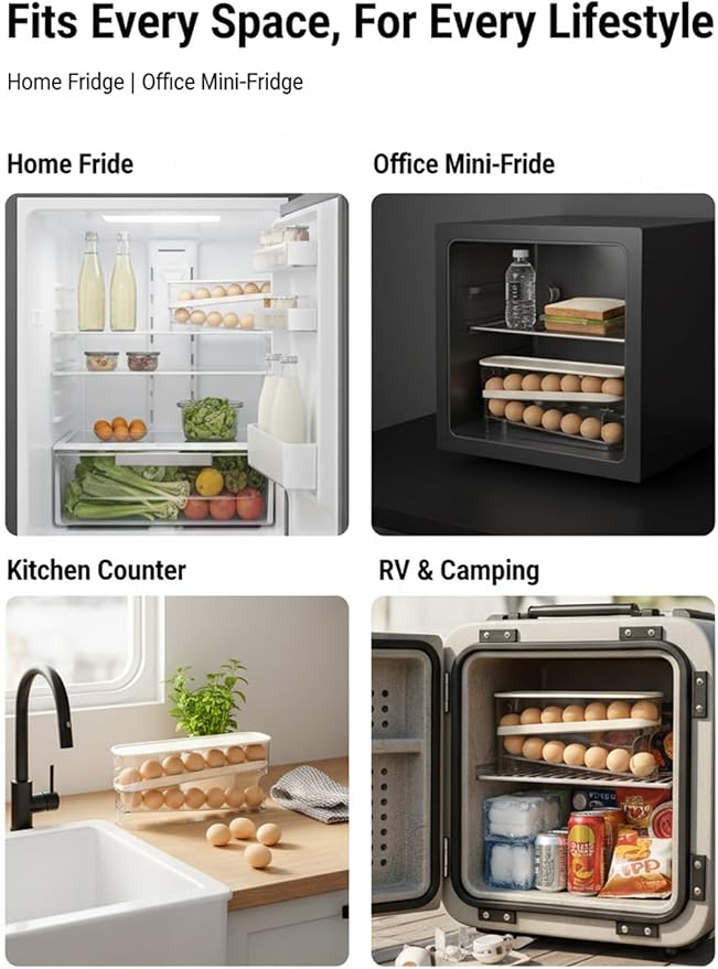 Egg Dispenser for Refrigerator Organization and Storage Holder Fridge Box Organizer Rolling Automatic Gravity Fed Cart Clear Organizers Pantry Shelf Home Must Haves Glad with Lids