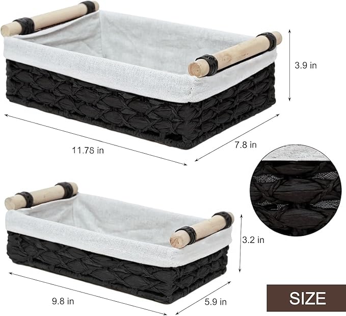 Set of 2 Black Paper Rope Storage Baskets with Wood Handles and Liner – Handwoven Decorative Organizer Bins for Bathroom Vanity, Countertop, Shelf & Small Home Storage