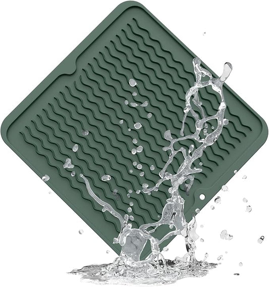 ZLR Silicone Dish Drying Mat 12" x 12" Square - Small Heat Resistant Trivet & Countertop Protector for Air Fryer, Coffee Maker - Waterproof Kitchen Drain Pad for Cups, Fruit (Dark Green)
