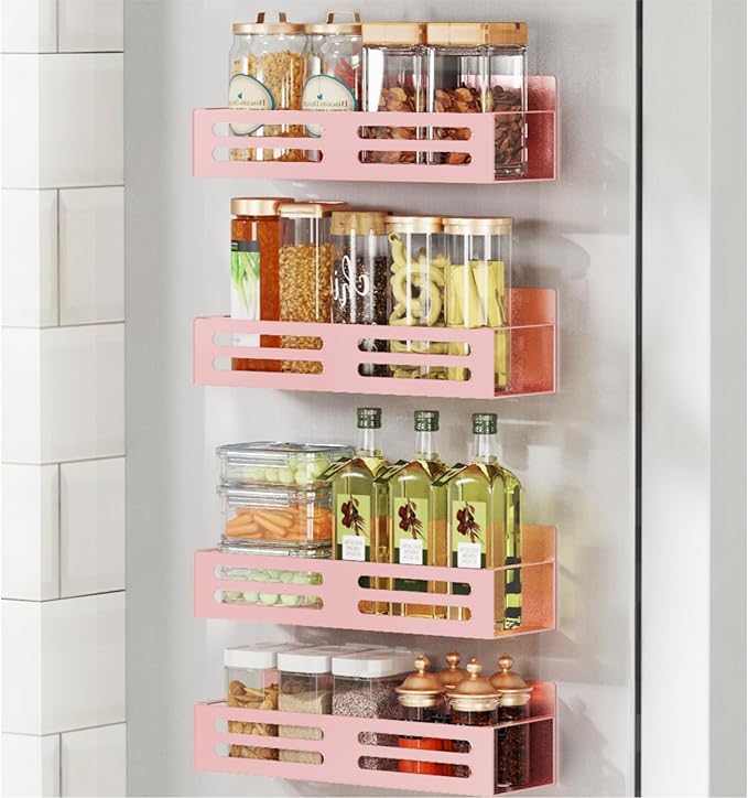 Roysili Magnetic Spice Rack for Refrigerator, Metal Spice Rack Organizer, Magnetic Shelf for Fridge 4Pack Pink