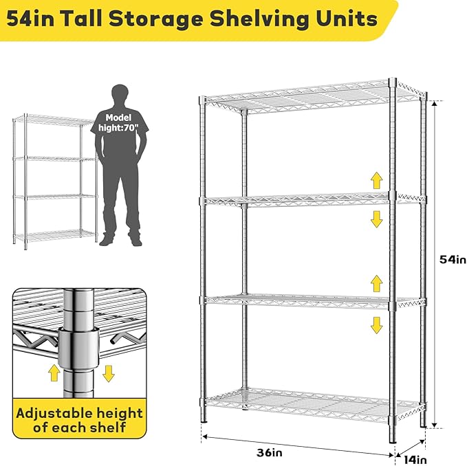 MODCART Storage Shelves, 36" L x 14" W x 54" H Heavy Duty Garage Wire Shelving Unit Loads 1400LBS, 4-Tier Adjustable Metal Industrial Utility Shelf Rack for Kitchen, Laundry Room, Basement