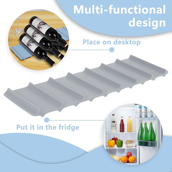 2Pcs Fridge Beverage Mat, Silicone Wine Bottle Holder, Stackable Wine Rack for Refrigerator, Fridge Can Organizer Mat for Cans and Wine Bottles (Grey and Light Blue)