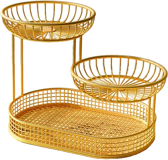 3 Layer Fruit Basket Fruit Holder Space Saver Serving Stand Metal Wire Storage Basket Bread Basket Vegetable Rack for Holdiay, gold