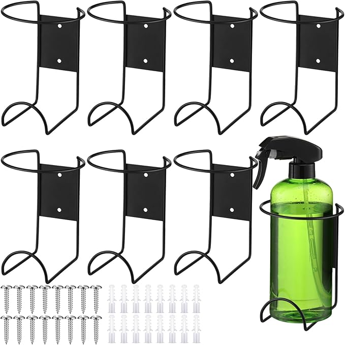 8 Pcs Spray Bottle Holder Wall Mount Heavy Duty Spray Bottle Rack Stainless Steel Storage Rack Garage Can Organizer Craft with Hardware (Black)
