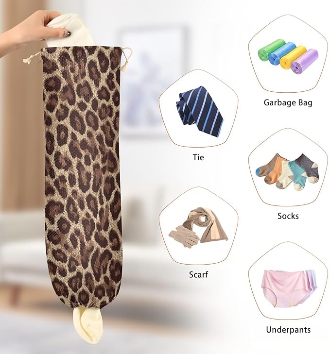 Plastic Bag Holder Wall Mount Grocery Bag Shopping Bag Storage Holder Organizer Dispenser with Adhesive Hook,for Kitchen Bathroom Home Decor 9x22 Inches Classical Leopard Print Brown28