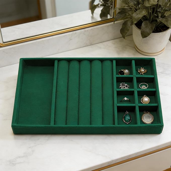Velvet Jewelry Organizer Trays Dark Green Stackable Jewelry Storage Display Tray with Removable Dividers, 3-in-1