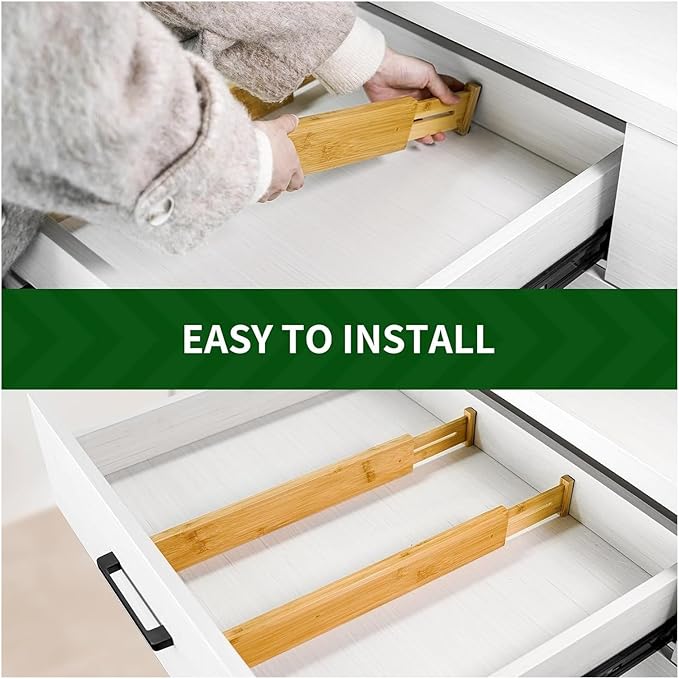 Bamboo Drawer Dividers – Adjustable length from 14 inches to 19.1 inches, spring-loaded expandable storage dividers, suitable for kitchens, bedrooms, offices, and bathrooms. Please(6 partition boards)