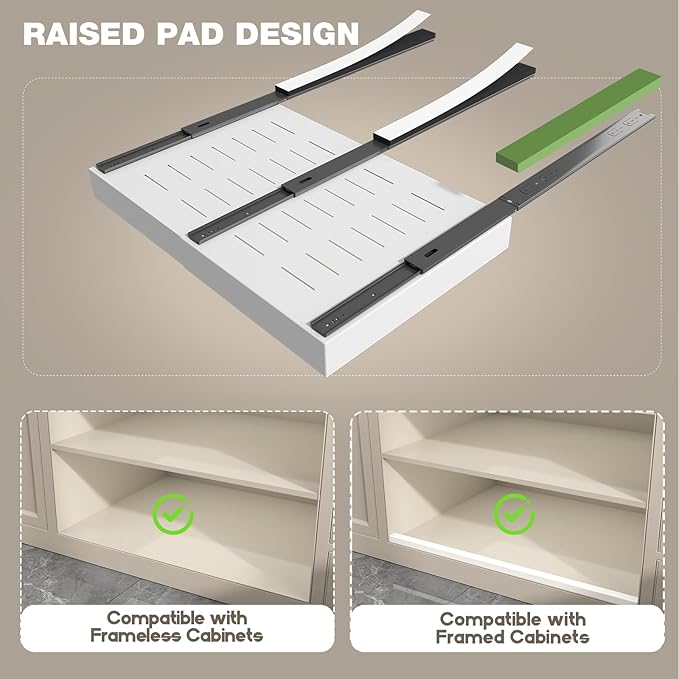 2 Pack Pull Out Cabinet Organizer 19" Deep,Full Extension 3 Slide Rails Slide Out Drawers With Raising Pad for Framed Cabinets,Expandable Width (15.4"-26.2"),No Drill Roll Out shelf,White