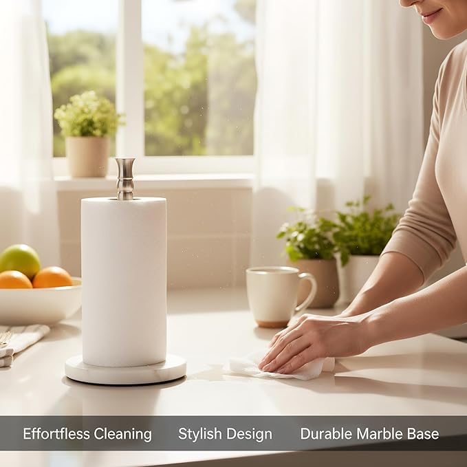 Paper Towel Holder Stand, One-Handed Ripping Paper Towel Roll Holder Countertop, Heavy Marble Base, NOT Tip Over - (Marble, Brushed Nickel)