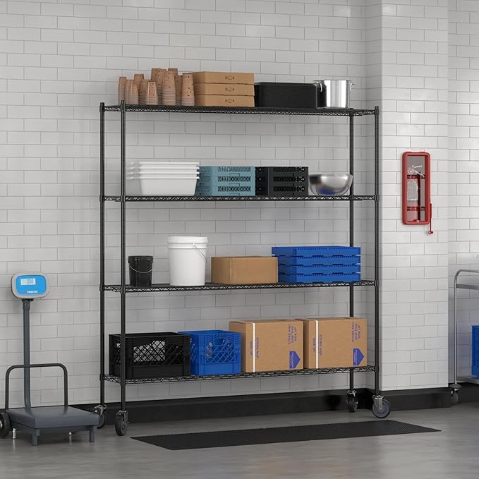 Commercial NSF Listed Black Epoxy Mobile Wire Shelving Kit 14" x 72" x 80", with 4 Shelves Perfect for Warehouse, Walk-in Refrigerator, Freezer, Grocery Store, Restaurant, Dishroom