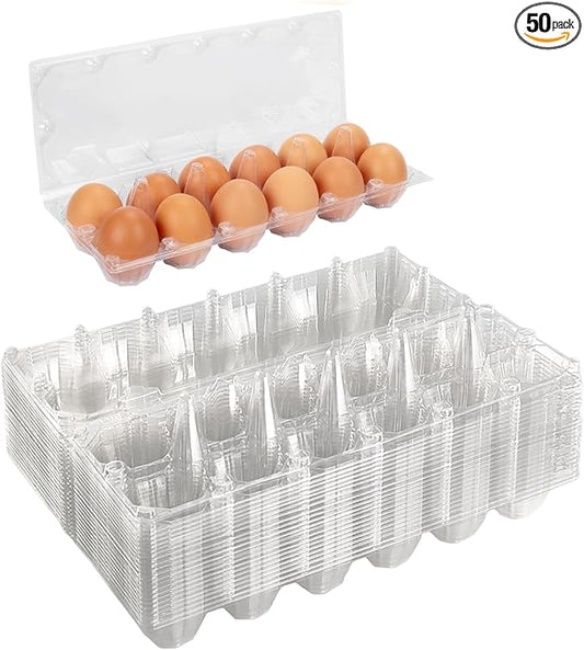 50 Pack Plastic Egg Cartons Cheap Bulk,12 Count Clear Empty Egg Cartons for Fresh Chicken Eggs,2x6 Grids Reusable Egg Trays for Refrigerator Storage, Chicken Farm, Markets Display