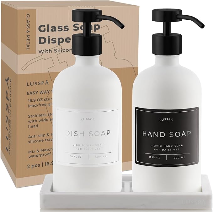 Lotion, Hand & Dish Soap Dispenser for Kitchen & Bathroom | Soap Dispenser Set of 2 16.8 Oz Glass Bottles with Stainless Steel Pump, 15 Water Proof Labels & Silicon Tray (White/Black)