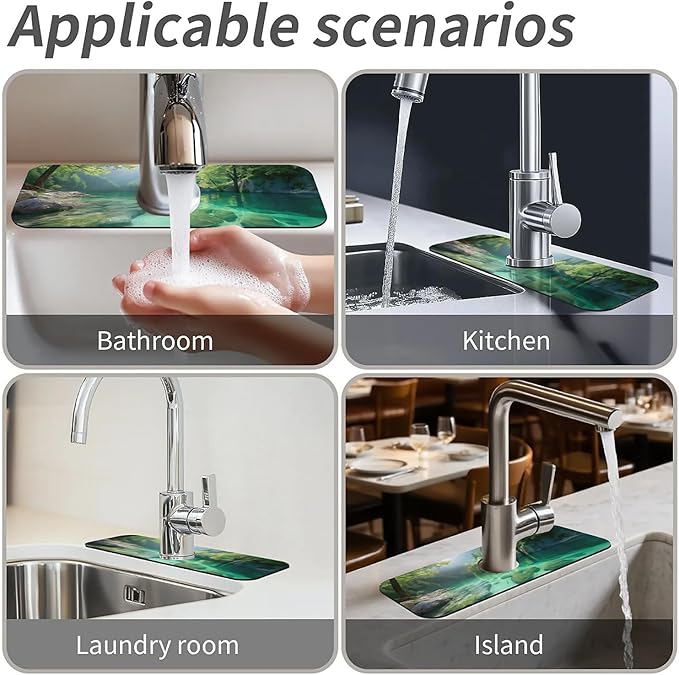 Kitchen Sink Splash Guard，natural scenery Faucet Mat Sink Gadgets-Super Absorbent Fast Drying Mat Drip Catcher for Kitchen, Bathroom,Sink Mat, Dish Drying Mat, Bathroom(15" X 5.5" )