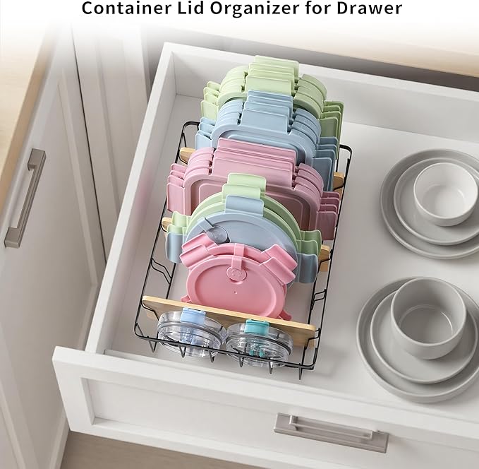 2-Pack Adjustable Lid Organizers - Large Kitchen Cabinet Organizer for Food Storage Container and Tumbler Cup Lids with 6 Bamboo Dividers - Organizers in Kitchen/Pantry/Laundry Room(Size:S+L)